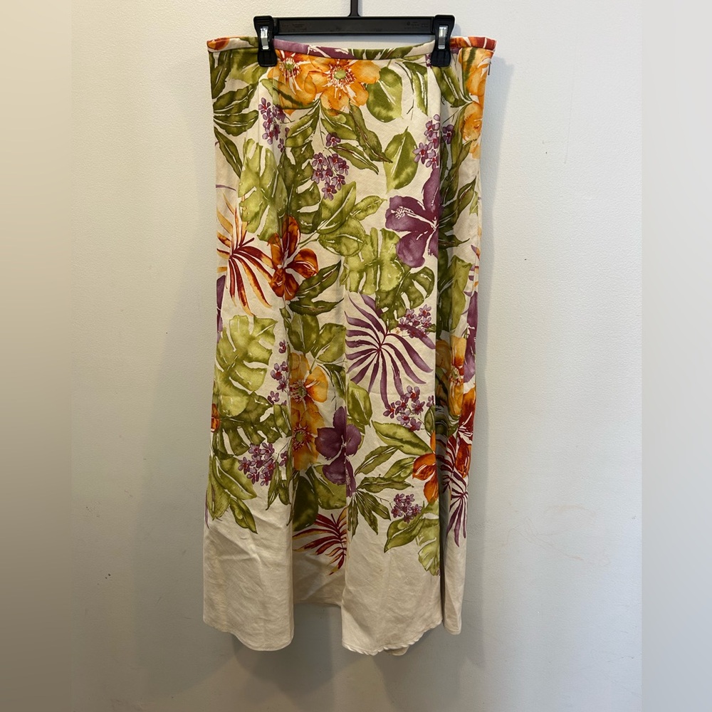 Vintage Talbots Floral Maxi Skirt - Green, Orange, Purple Size 6 silk linen